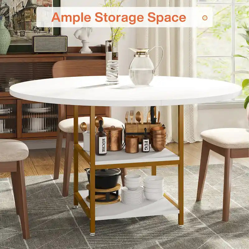 Mesa de comedor redonda con estantes de almacenamiento, patas metálicas y tablero de madera, para 4 personas, marrón rústico y negro