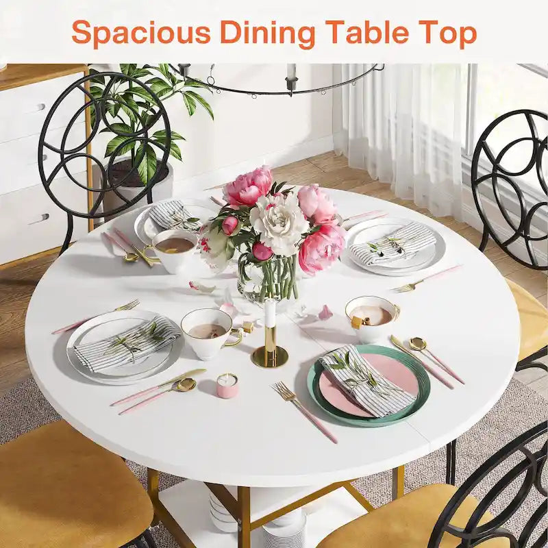 Mesa de comedor redonda con estantes de almacenamiento, patas metálicas y tablero de madera, para 4 personas, marrón rústico y negro