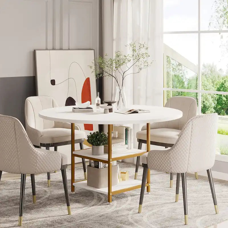 Mesa de comedor redonda con estantes de almacenamiento, patas metálicas y tablero de madera, para 4 personas, marrón rústico y negro