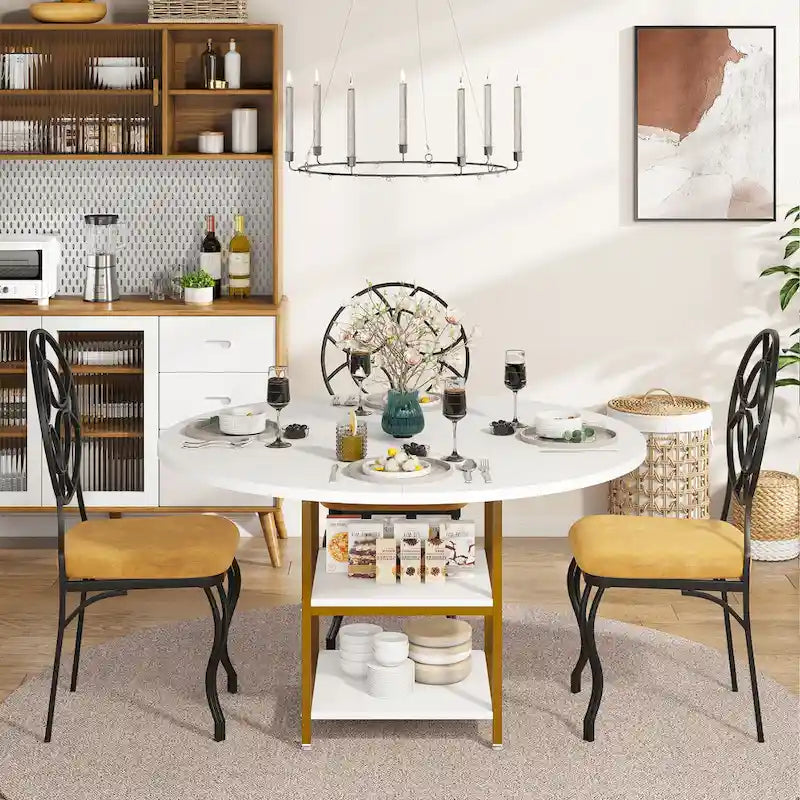 Mesa de comedor redonda con estantes de almacenamiento, patas metálicas y tablero de madera, para 4 personas, marrón rústico y negro