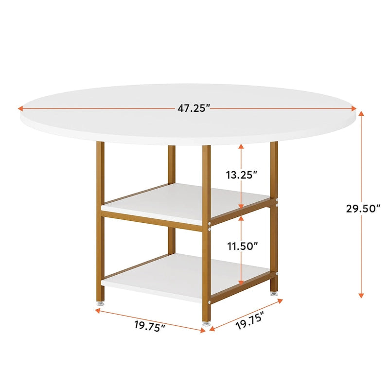 Mesa de comedor redonda con estantes de almacenamiento, patas metálicas y tablero de madera, para 4 personas, marrón rústico y negro