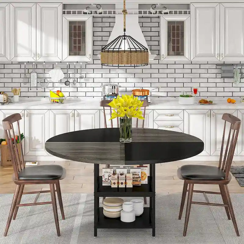 Mesa de comedor redonda con estantes de almacenamiento, patas metálicas y tablero de madera, para 4 personas, marrón rústico y negro