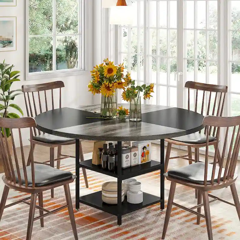 Mesa de comedor redonda con estantes de almacenamiento, patas metálicas y tablero de madera, para 4 personas, marrón rústico y negro