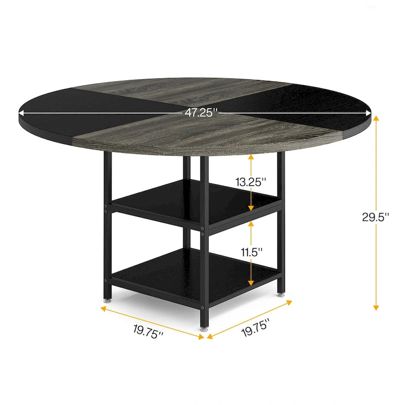 Mesa de comedor redonda con estantes de almacenamiento, patas metálicas y tablero de madera, para 4 personas, marrón rústico y negro