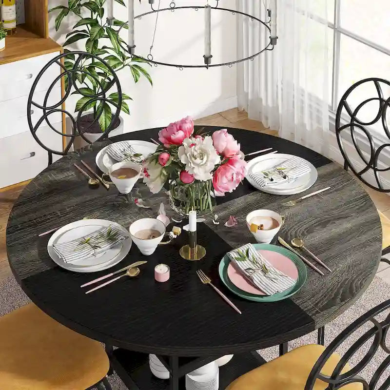 Mesa de comedor redonda con estantes de almacenamiento, patas metálicas y tablero de madera, para 4 personas, marrón rústico y negro