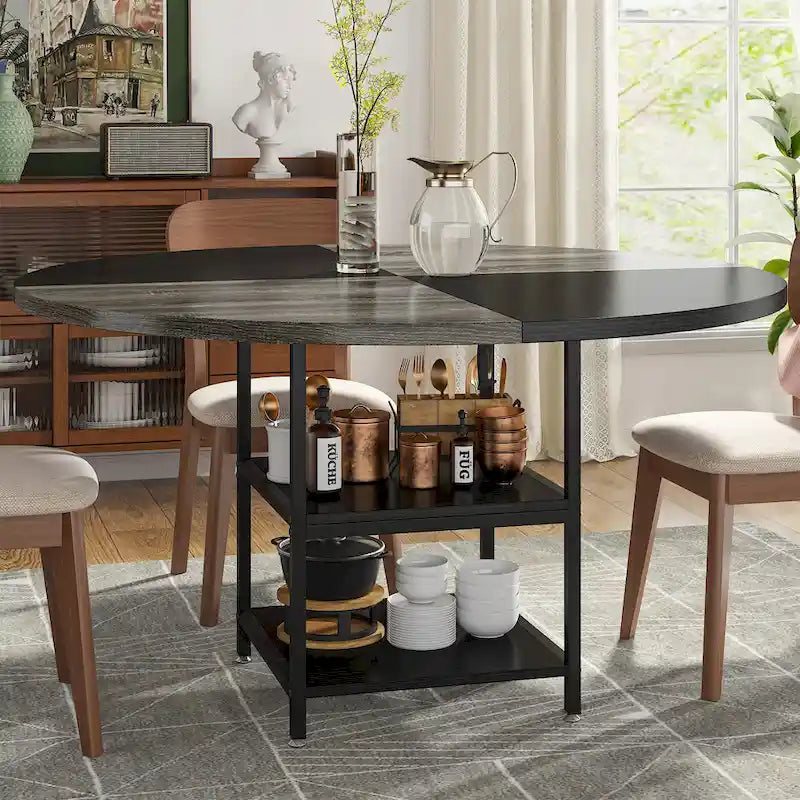 Mesa de comedor redonda con estantes de almacenamiento, patas metálicas y tablero de madera, para 4 personas, marrón rústico y negro