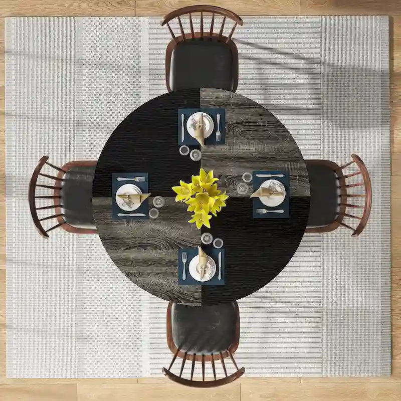 Mesa de comedor redonda con estantes de almacenamiento, patas metálicas y tablero de madera, para 4 personas, marrón rústico y negro