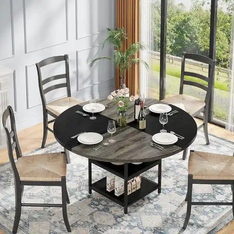 Mesa de comedor redonda con estantes de almacenamiento, patas metálicas y tablero de madera, para 4 personas, marrón rústico y negro