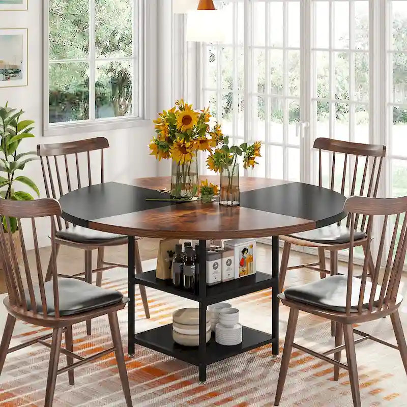 Mesa de comedor redonda con estantes de almacenamiento, patas metálicas y tablero de madera, para 4 personas, marrón rústico y negro
