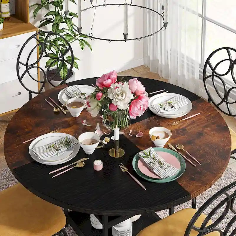 Mesa de comedor redonda con estantes de almacenamiento, patas metálicas y tablero de madera, para 4 personas, marrón rústico y negro