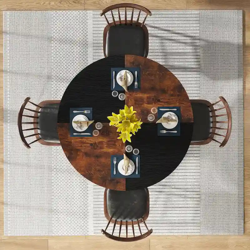 Mesa de comedor redonda con estantes de almacenamiento, patas metálicas y tablero de madera, para 4 personas, marrón rústico y negro