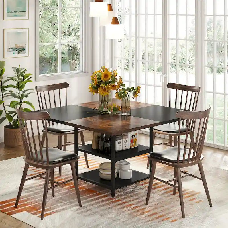 Mesa de comedor redonda con estantes de almacenamiento, patas metálicas y tablero de madera, para 4 personas, marrón rústico y negro