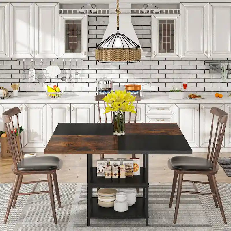 Mesa de comedor redonda con estantes de almacenamiento, patas metálicas y tablero de madera, para 4 personas, marrón rústico y negro