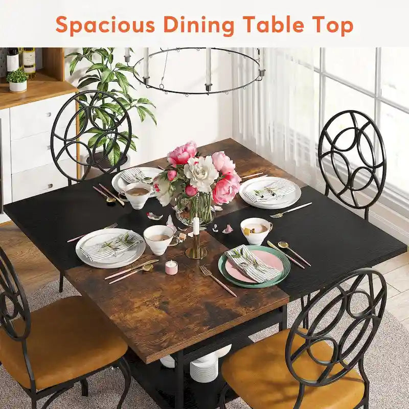 Mesa de comedor redonda con estantes de almacenamiento, patas metálicas y tablero de madera, para 4 personas, marrón rústico y negro