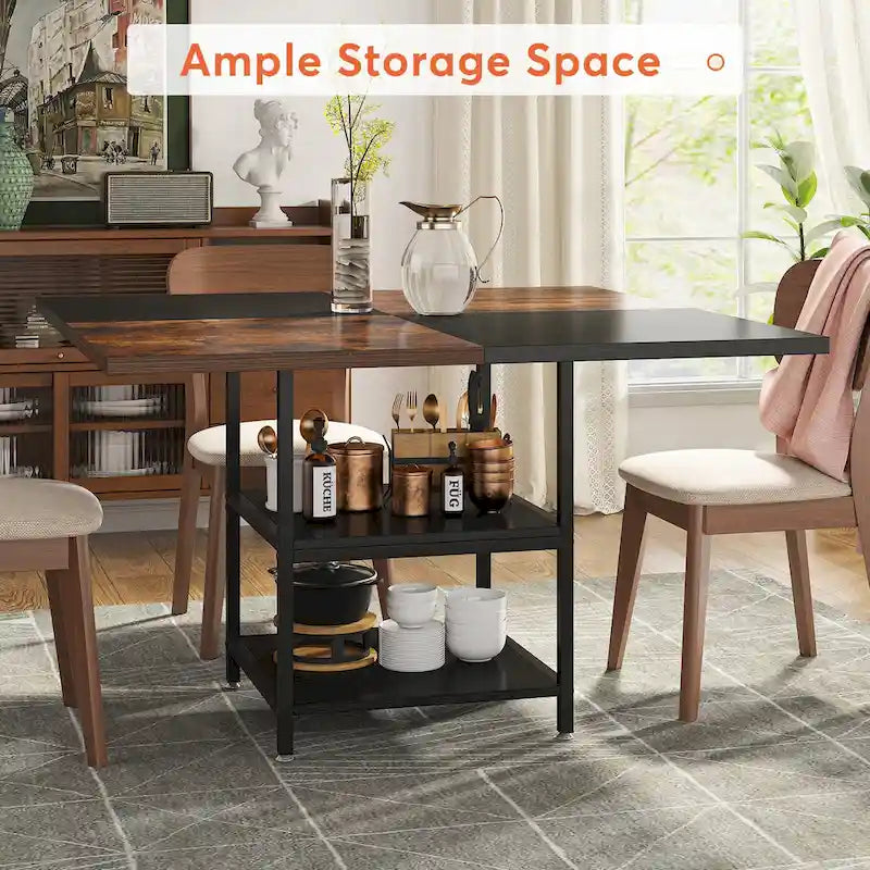 Mesa de comedor redonda con estantes de almacenamiento, patas metálicas y tablero de madera, para 4 personas, marrón rústico y negro