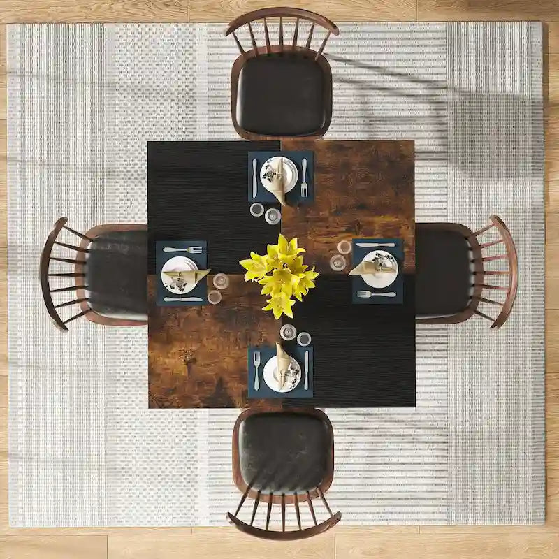 Mesa de comedor redonda con estantes de almacenamiento, patas metálicas y tablero de madera, para 4 personas, marrón rústico y negro