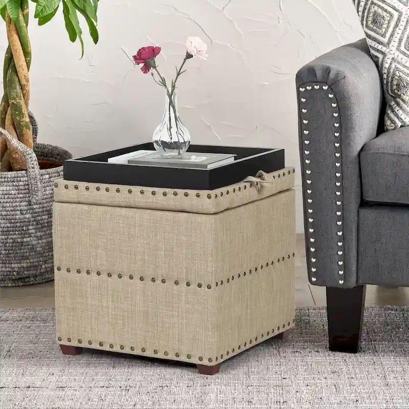 Adeco quadratischer Stoffhocker mit Tablett