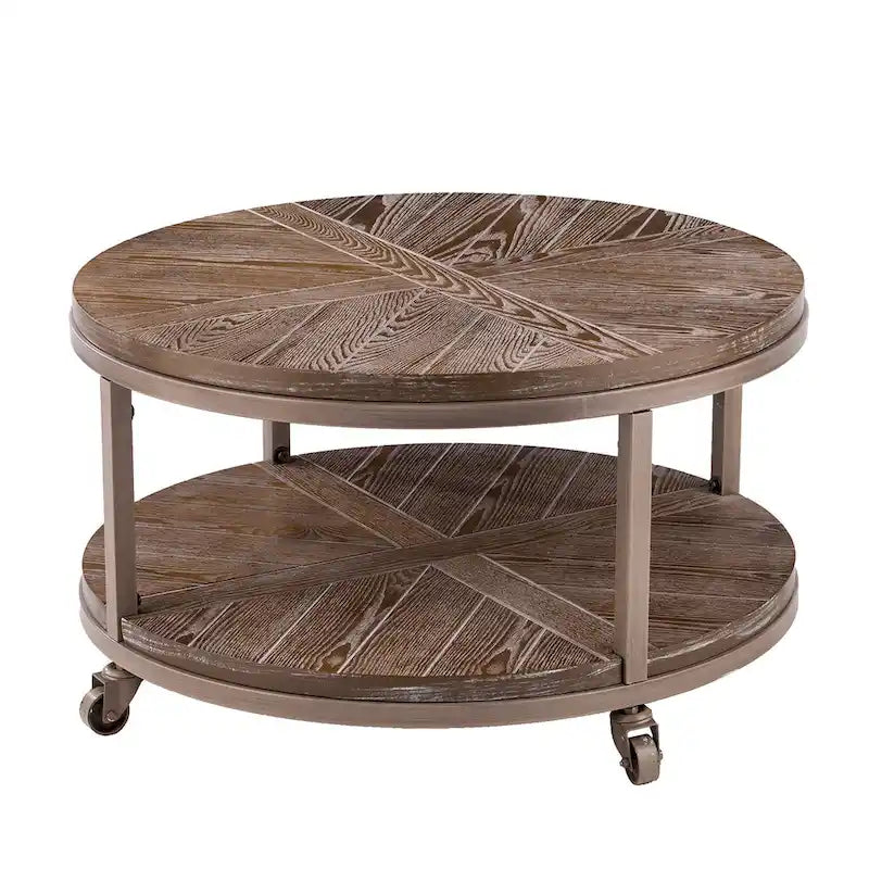 Table basse ronde industrielle rustique en bois Kenya de SEI Furniture avec étagère