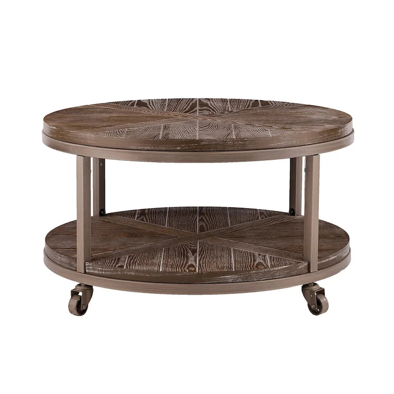 Table basse ronde industrielle rustique en bois Kenya de SEI Furniture avec étagère