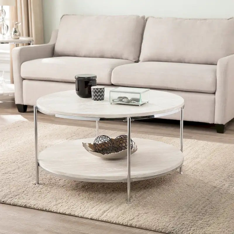 SEI Furniture Henderson moderne ronde salontafel met imitatiemarmeren blad en onderste plank