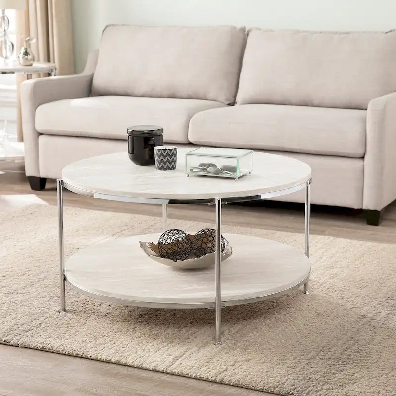 SEI Furniture Henderson moderne ronde salontafel met imitatiemarmeren blad en onderste plank