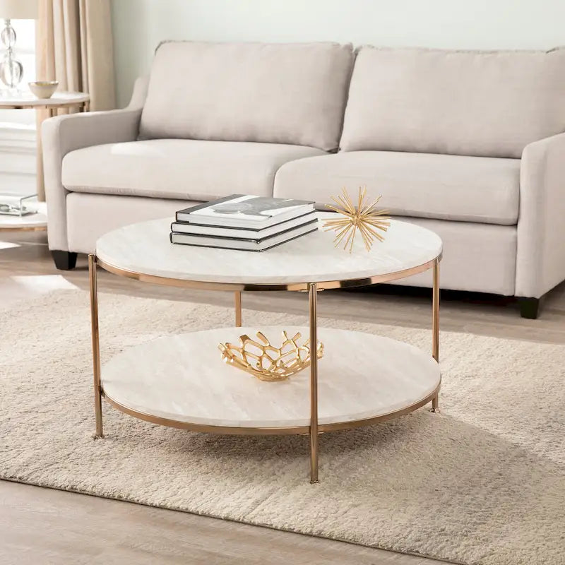 SEI Furniture Henderson moderne ronde salontafel met imitatiemarmeren blad en onderste plank