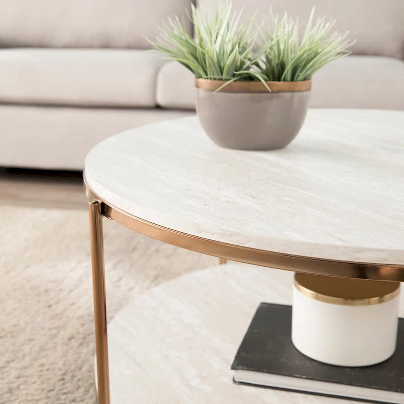 SEI Furniture Henderson moderne ronde salontafel met imitatiemarmeren blad en onderste plank