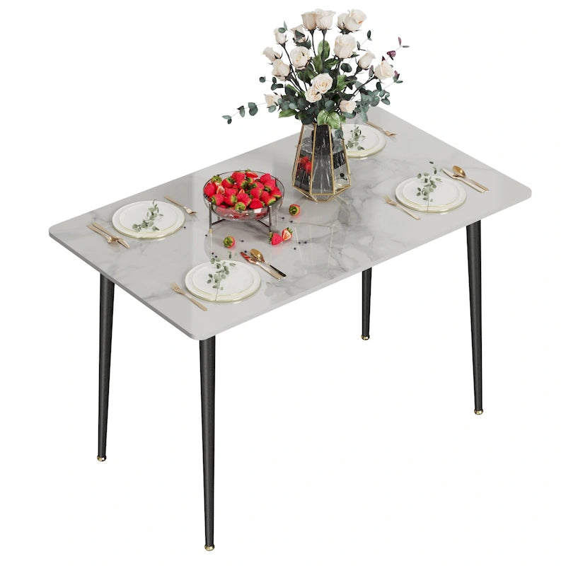 Tavolo da pranzo da cucina moderno per 6 persone, piano rettangolare in marmo con gambe metalliche rastremate