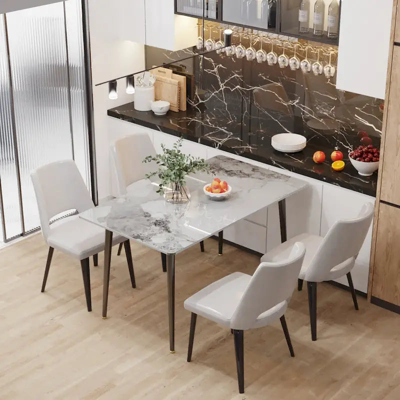 Tavolo da pranzo da cucina moderno per 6 persone, piano rettangolare in marmo con gambe metalliche rastremate