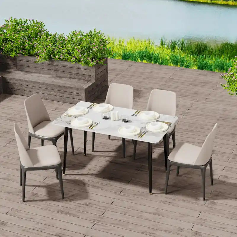 Tavolo da pranzo da cucina moderno per 6 persone, piano rettangolare in marmo con gambe metalliche rastremate