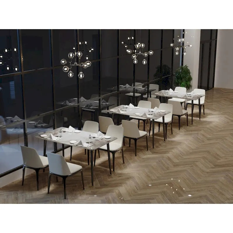 Tavolo da pranzo da cucina moderno per 6 persone, piano rettangolare in marmo con gambe metalliche rastremate