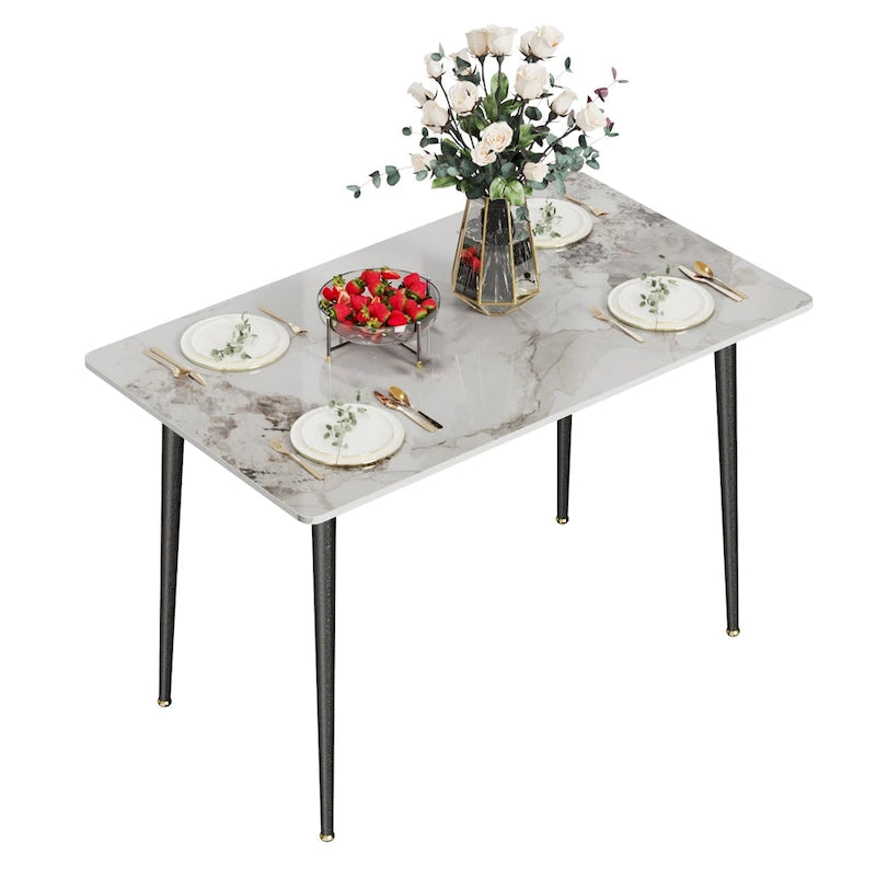 Tavolo da pranzo da cucina moderno per 6 persone, piano rettangolare in marmo con gambe metalliche rastremate