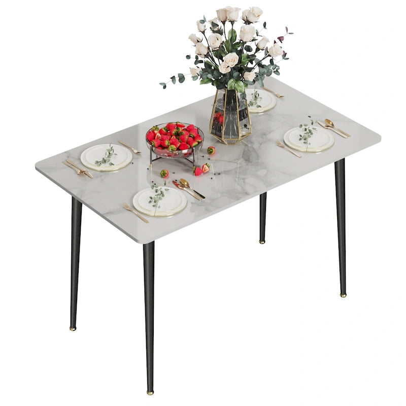 Tavolo da pranzo da cucina moderno per 6 persone, piano rettangolare in marmo con gambe metalliche rastremate