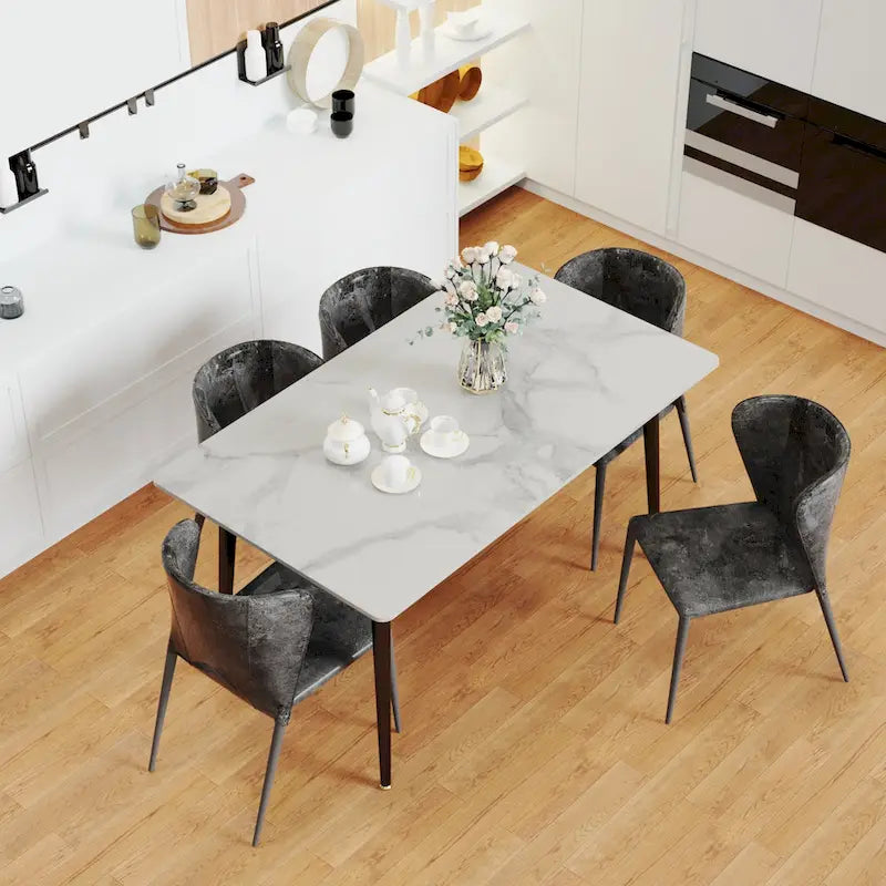 Tavolo da pranzo da cucina moderno per 6 persone, piano rettangolare in marmo con gambe metalliche rastremate