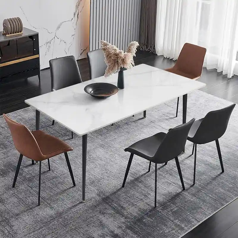 Tavolo da pranzo da cucina moderno per 6 persone, piano rettangolare in marmo con gambe metalliche rastremate