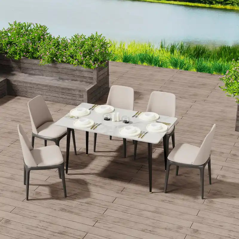 Tavolo da pranzo da cucina moderno per 6 persone, piano rettangolare in marmo con gambe metalliche rastremate