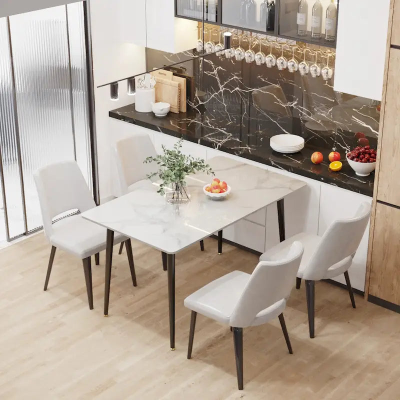 Tavolo da pranzo da cucina moderno per 6 persone, piano rettangolare in marmo con gambe metalliche rastremate