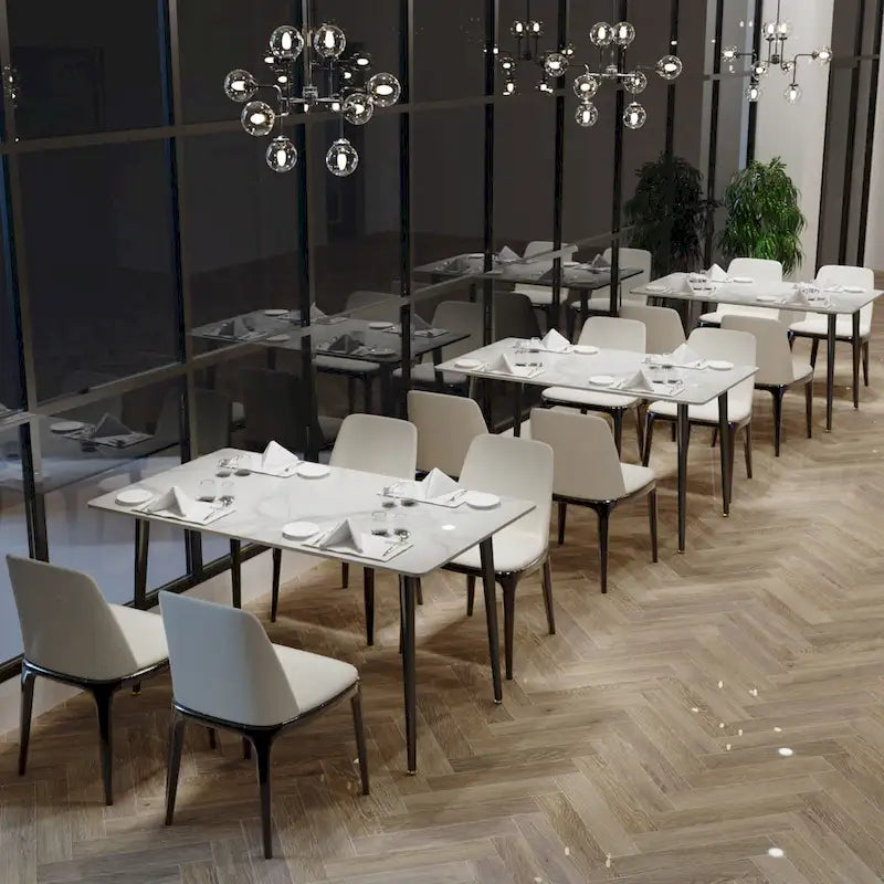 Tavolo da pranzo da cucina moderno per 6 persone, piano rettangolare in marmo con gambe metalliche rastremate