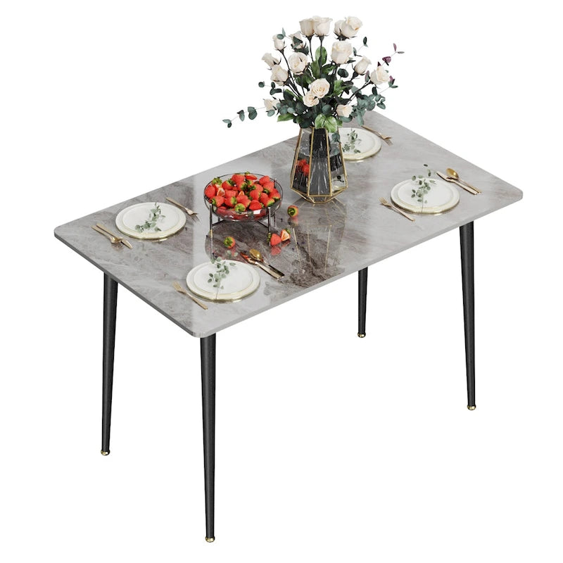 Tavolo da pranzo da cucina moderno per 6 persone, piano rettangolare in marmo con gambe metalliche rastremate