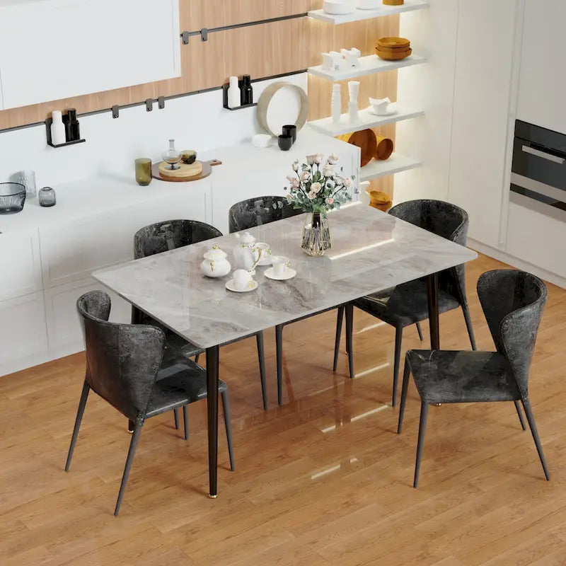 Tavolo da pranzo da cucina moderno per 6 persone, piano rettangolare in marmo con gambe metalliche rastremate