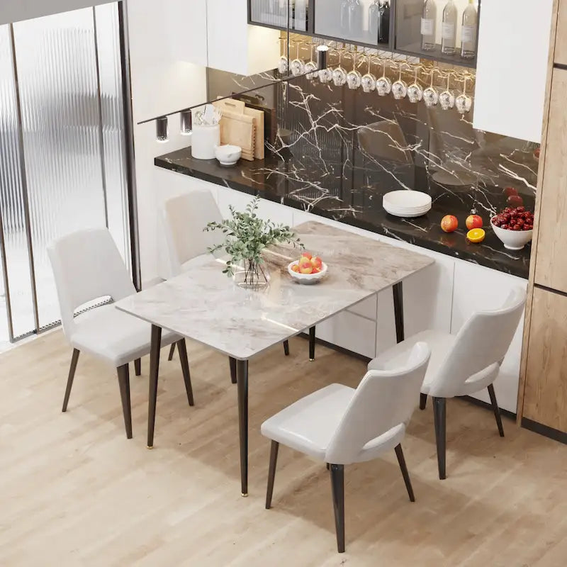 Tavolo da pranzo da cucina moderno per 6 persone, piano rettangolare in marmo con gambe metalliche rastremate