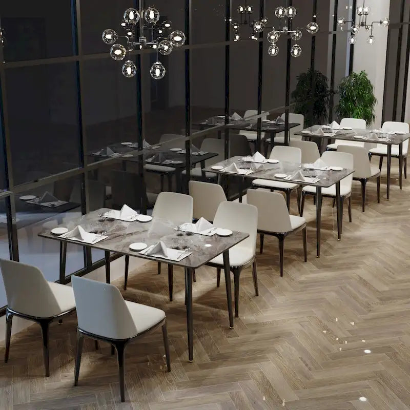 Tavolo da pranzo da cucina moderno per 6 persone, piano rettangolare in marmo con gambe metalliche rastremate