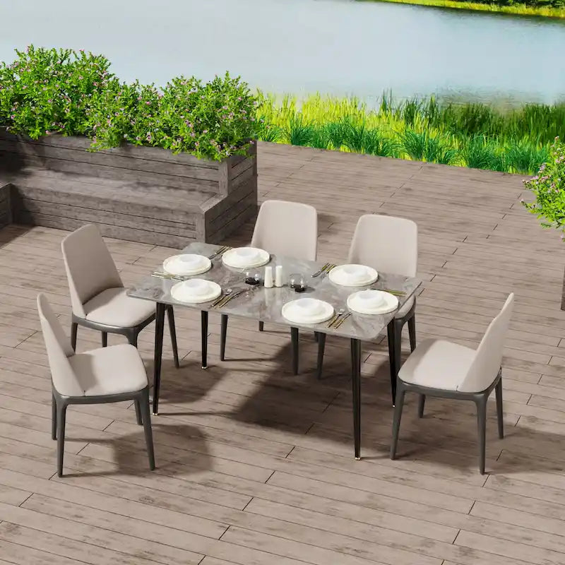 Tavolo da pranzo da cucina moderno per 6 persone, piano rettangolare in marmo con gambe metalliche rastremate