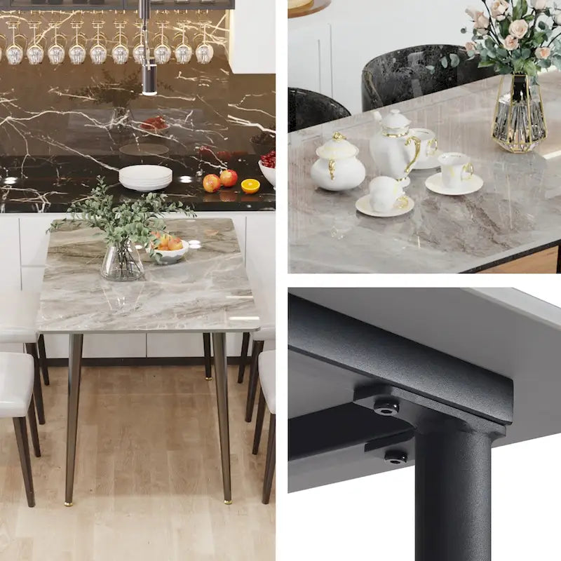 Tavolo da pranzo da cucina moderno per 6 persone, piano rettangolare in marmo con gambe metalliche rastremate