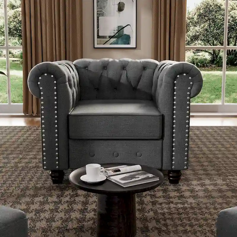 Set di sedie, divanetto e divano Chesterfield imbottiti con bottoni Morden Fort, 3 pezzi per il soggiorno, in lino, con gambe in legno massello