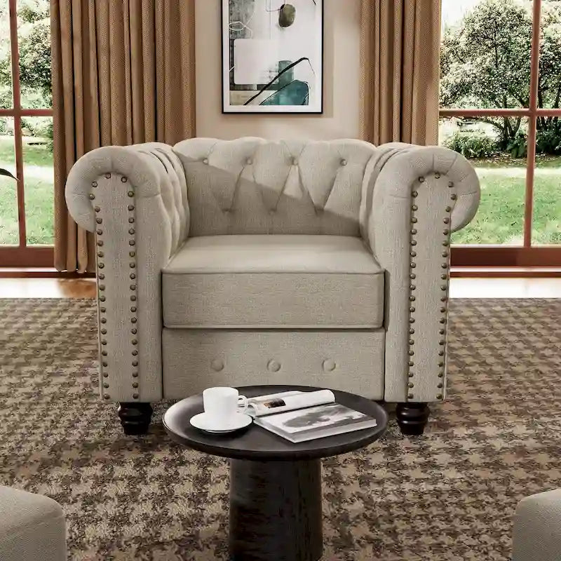 Set di sedie, divanetto e divano Chesterfield imbottiti con bottoni Morden Fort, 3 pezzi per il soggiorno, in lino, con gambe in legno massello