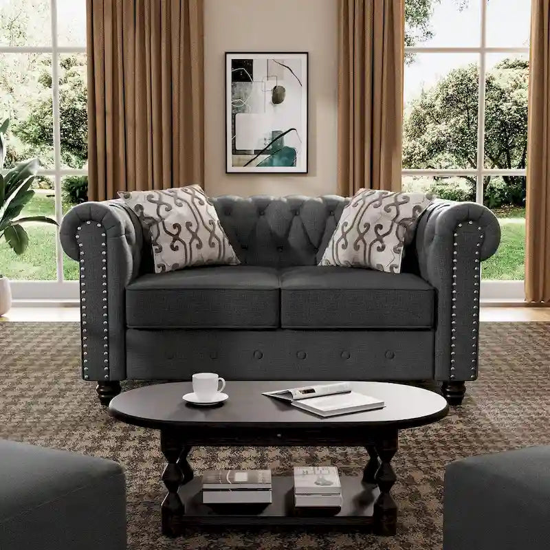 Set di sedie, divanetto e divano Chesterfield imbottiti con bottoni Morden Fort, 3 pezzi per il soggiorno, in lino, con gambe in legno massello