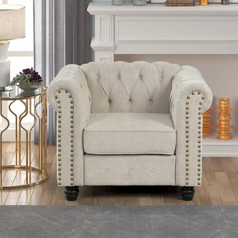 Set di sedie, divanetto e divano Chesterfield imbottiti con bottoni Morden Fort, 3 pezzi per il soggiorno, in lino, con gambe in legno massello