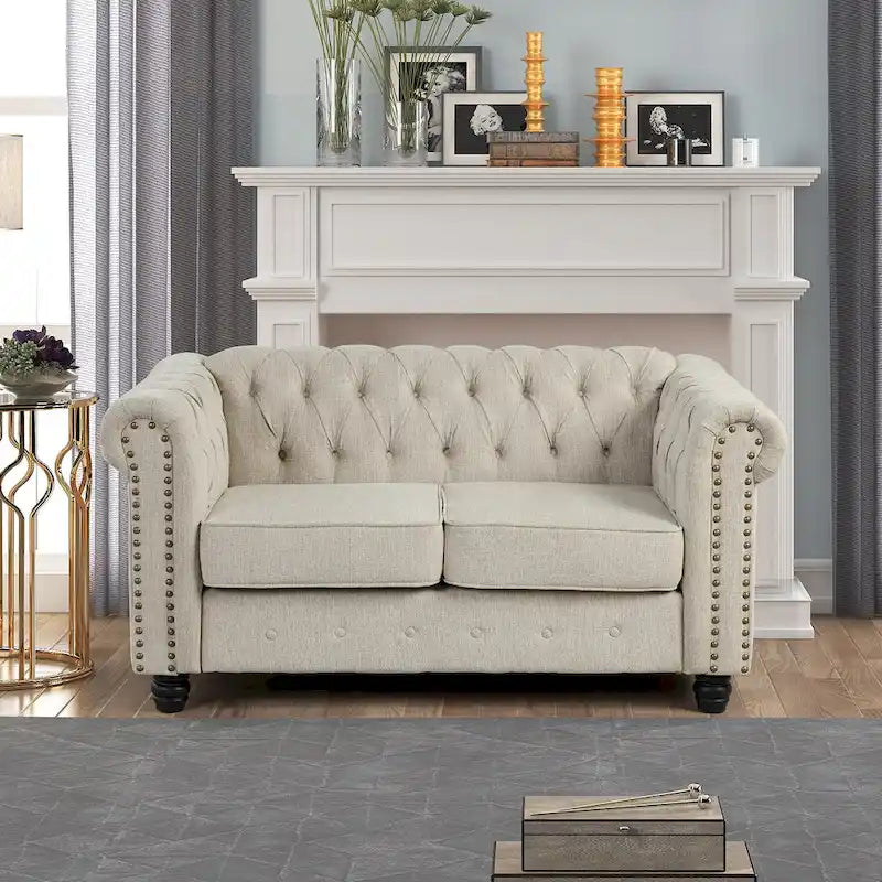 Set di sedie, divanetto e divano Chesterfield imbottiti con bottoni Morden Fort, 3 pezzi per il soggiorno, in lino, con gambe in legno massello
