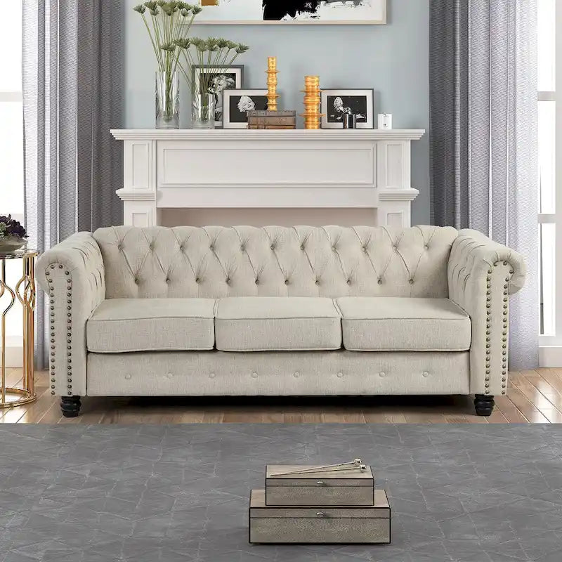 Set di sedie, divanetto e divano Chesterfield imbottiti con bottoni Morden Fort, 3 pezzi per il soggiorno, in lino, con gambe in legno massello